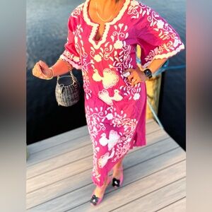 Frances Valentine Pink Embroidered Peacock Kaftan Dress